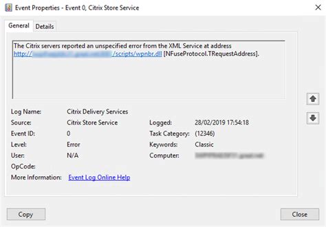 12/8/2010 10:01:55 AM. . The citrix servers reported an unspecified error from the xml service at address